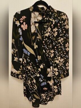 New York & Company - Black Floral Wrap Top with Pastel Blooms